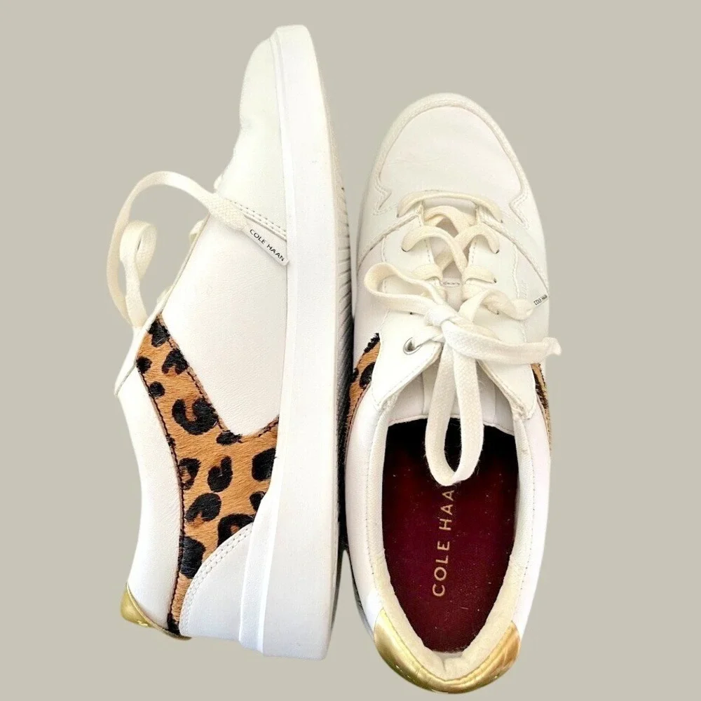 Cole Haan Grand Crosscourt White Leather Leopard Calf Hair Sneakers 7B